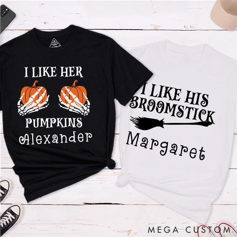Personalized Halloween Couple Matching T-Shirt Funny I Like His Broomstick and I Like Her Pumpkins Shirt Pumpkin Chopsticks Shirt