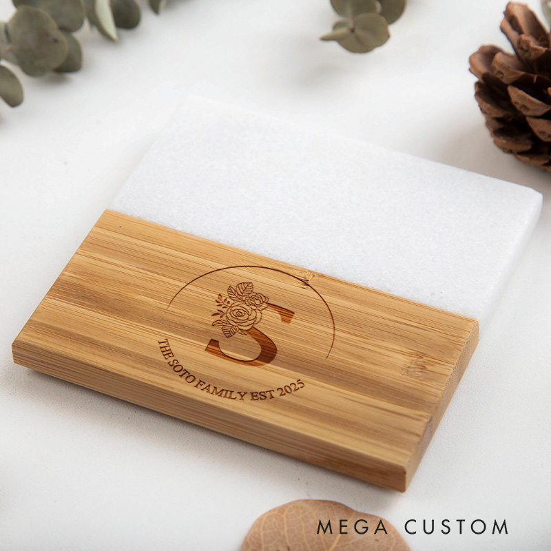 Personalized Floral Monogram Coaster Custom Marble and Wood Coaster Housewarming Gift New Home Gift for Couple Wedding Gift Housewarming Party Gift