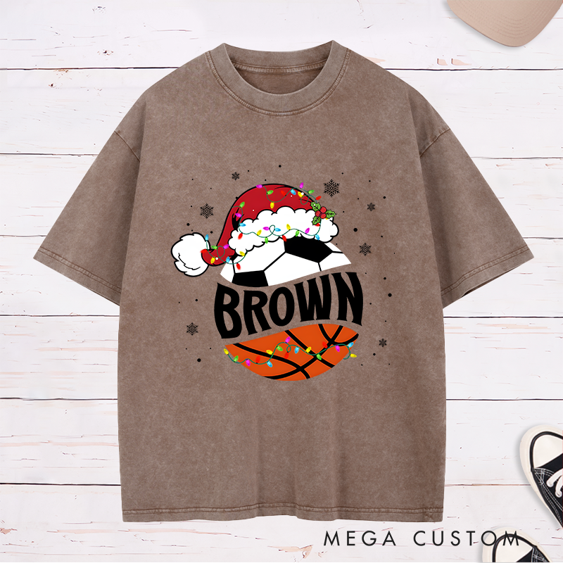 Personalized Washed T-Shirt with Custom Name, Basketball, Soccer Ball, and Santa Hat Holiday Design