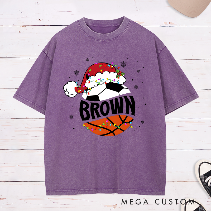 Personalized Washed T-Shirt with Custom Name, Basketball, Soccer Ball, and Santa Hat Holiday Design