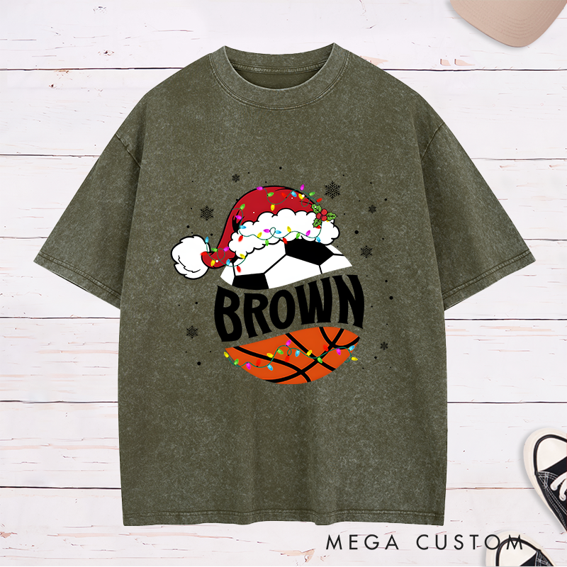 Personalized Washed T-Shirt with Custom Name, Basketball, Soccer Ball, and Santa Hat Holiday Design