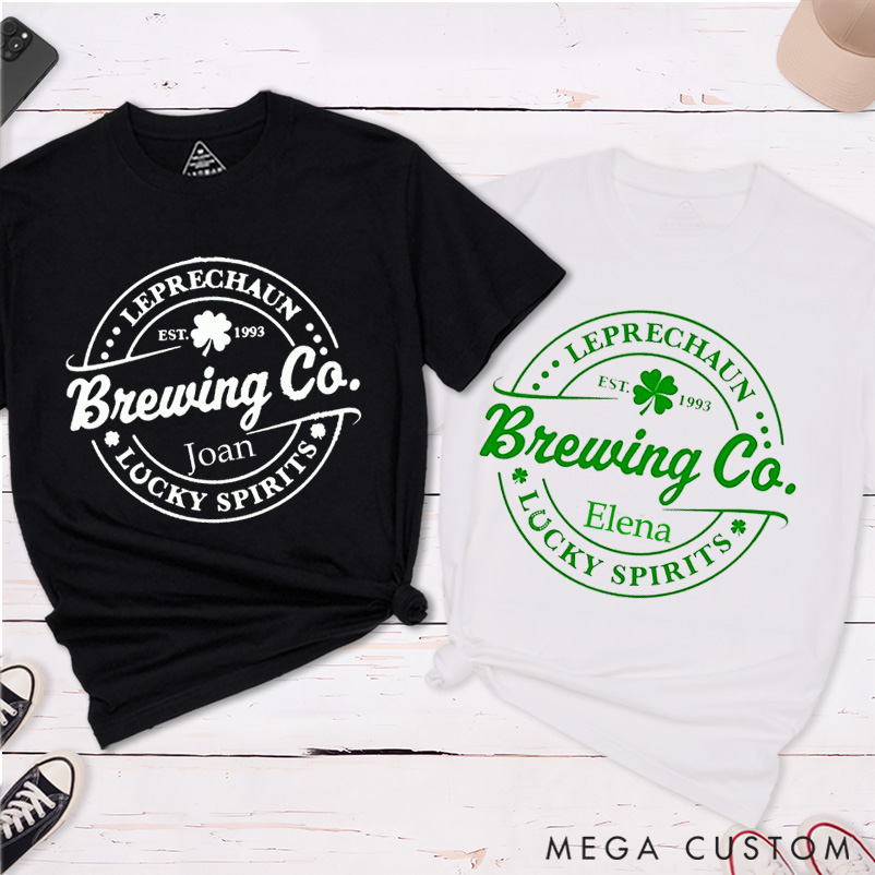 Personalized St. Patrick's Day Leprechaun Brewing Co Lucky Sprits Couple Matching T-Shirt