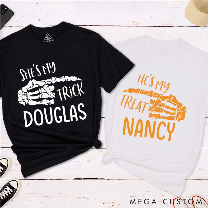 Personalized Trick or Treat Halloween Couple Matching T-Shirt She's My Trick He's My Treat Couple T-Shirt