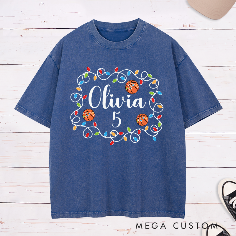 Personalized Washed Christmas T-Shirt with Custom Name, Number, Basketballs, and String Lights Design