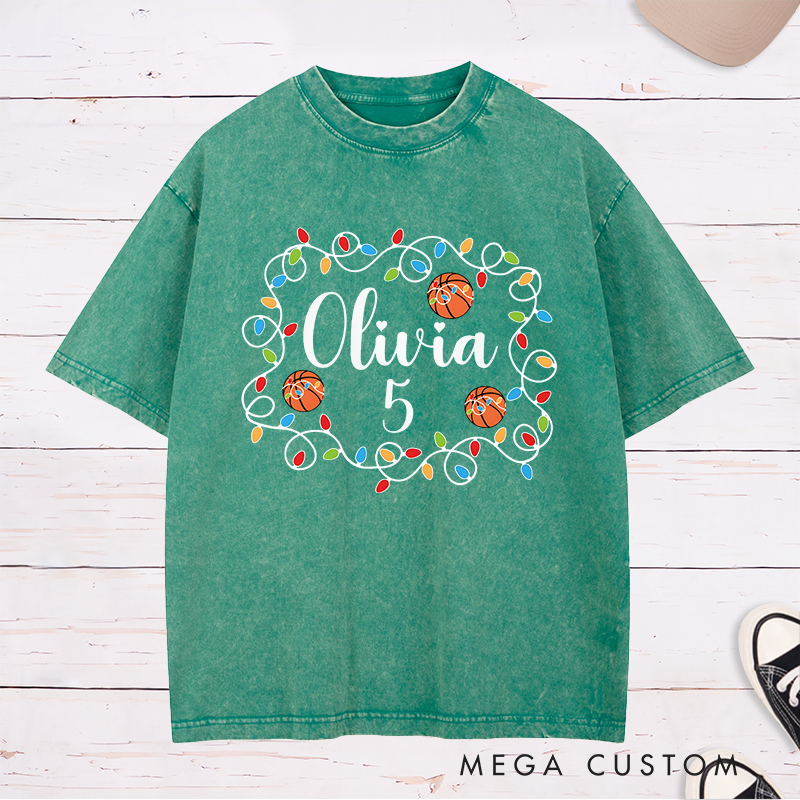 Personalized Washed Christmas T-Shirt with Custom Name, Number, Basketballs, and String Lights Design