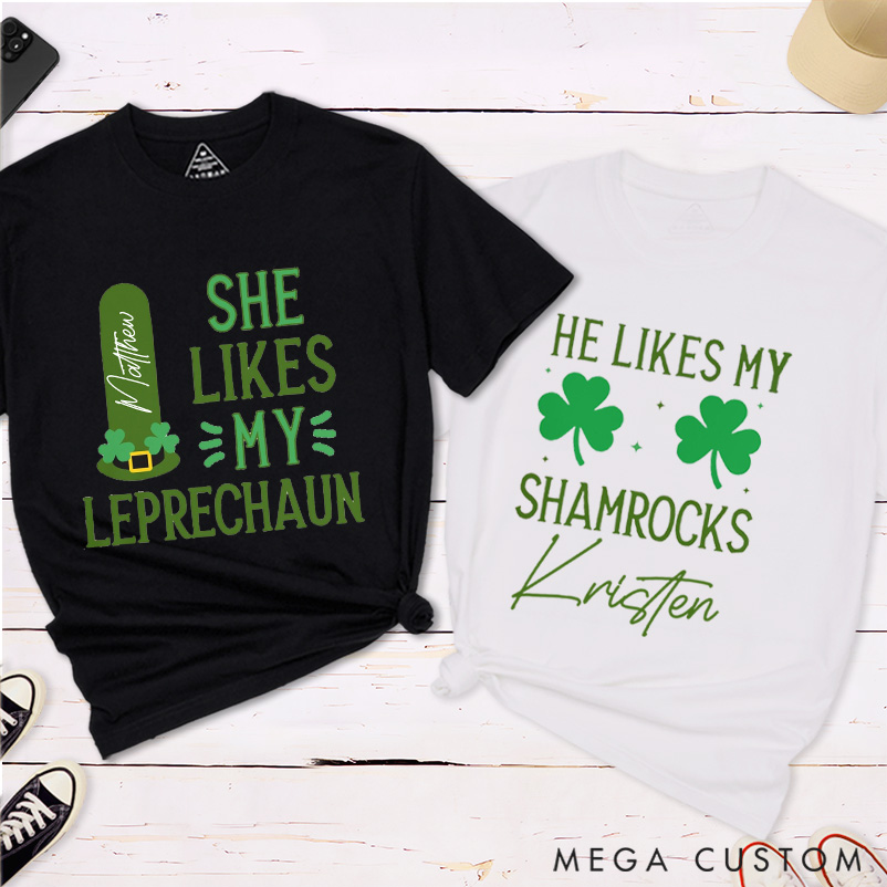 Personalized Funny Couple St. Patrick's Day Matching T-Shirt Shamrock and Leprechaun Shirt For Him and Her