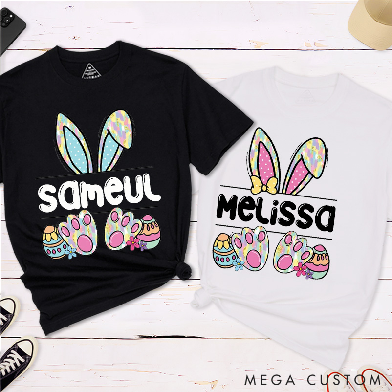 Personalized Couple Matching Bunny Easter T-Shirt Cute Couple Bunny with Name Classic Shirt