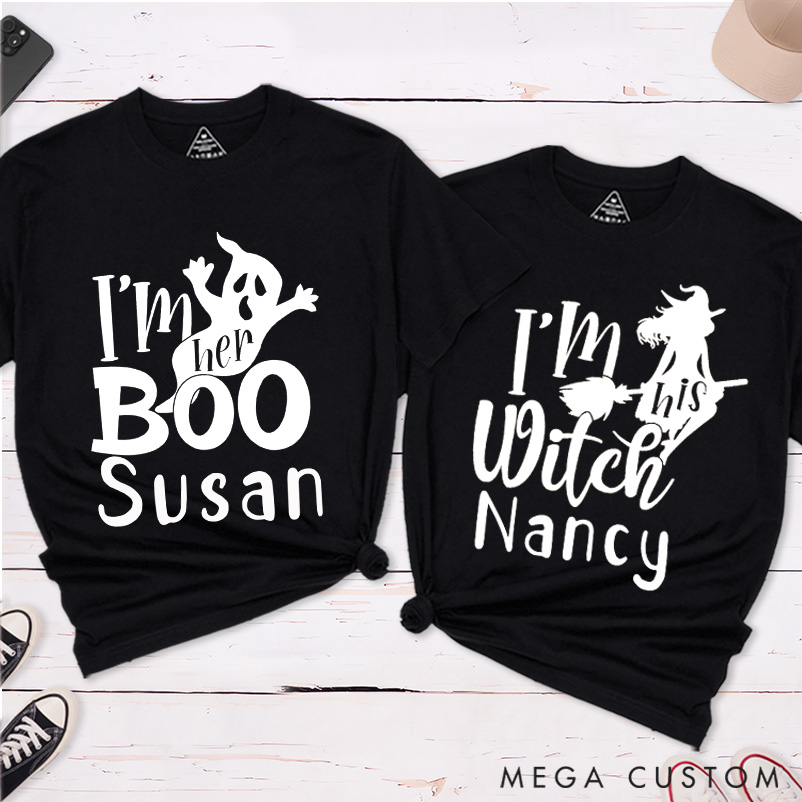 Personalized Halloween Ghost and Witch Matching Classic T-Shirt for Couple Funny Halloween Mr and Mrs Matching T-Shirt