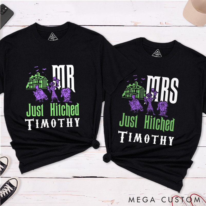Personalized Halloween Mr and Mrs Just Hitched Couple Just Married Matching T-Shirt 