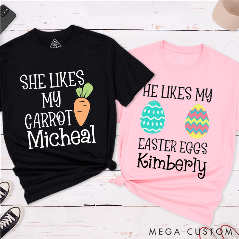 Personalized He Likes My Easter Eggs She Likes My Carrot Easter Couple Matching Shirt