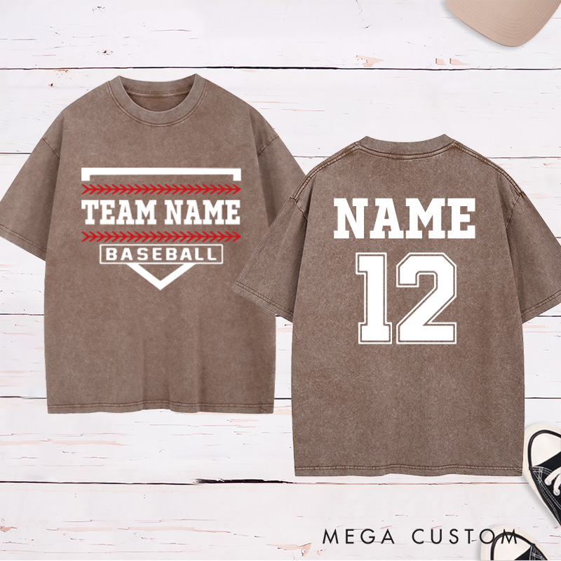 Personalized Team Baseball Washed T-Shirt with Shield Design and Custom Name and Number
