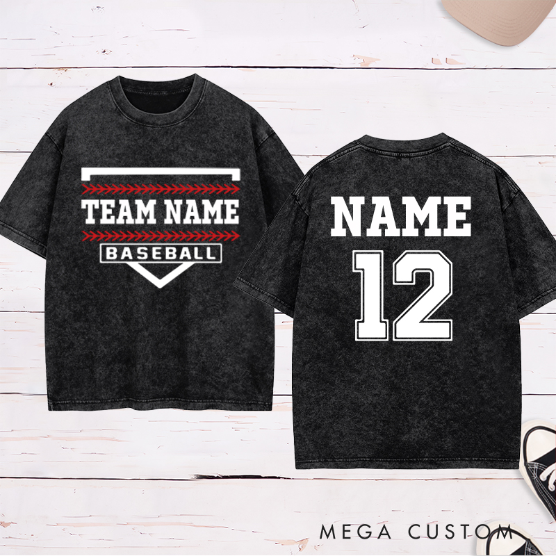 Personalized Team Baseball Washed T-Shirt with Shield Design and Custom Name and Number