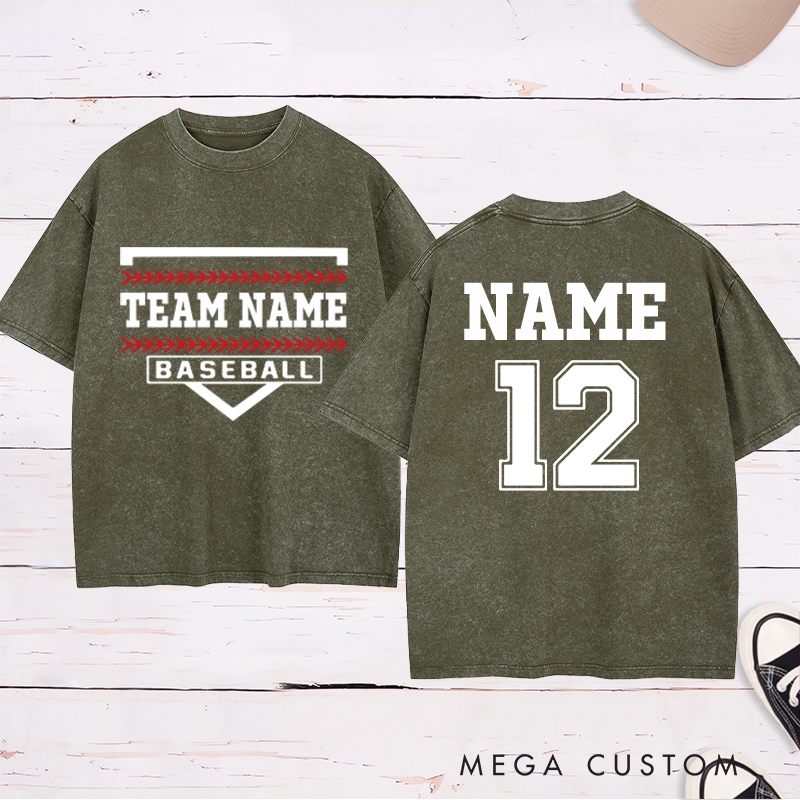 Personalized Team Baseball Washed T-Shirt with Shield Design and Custom Name and Number