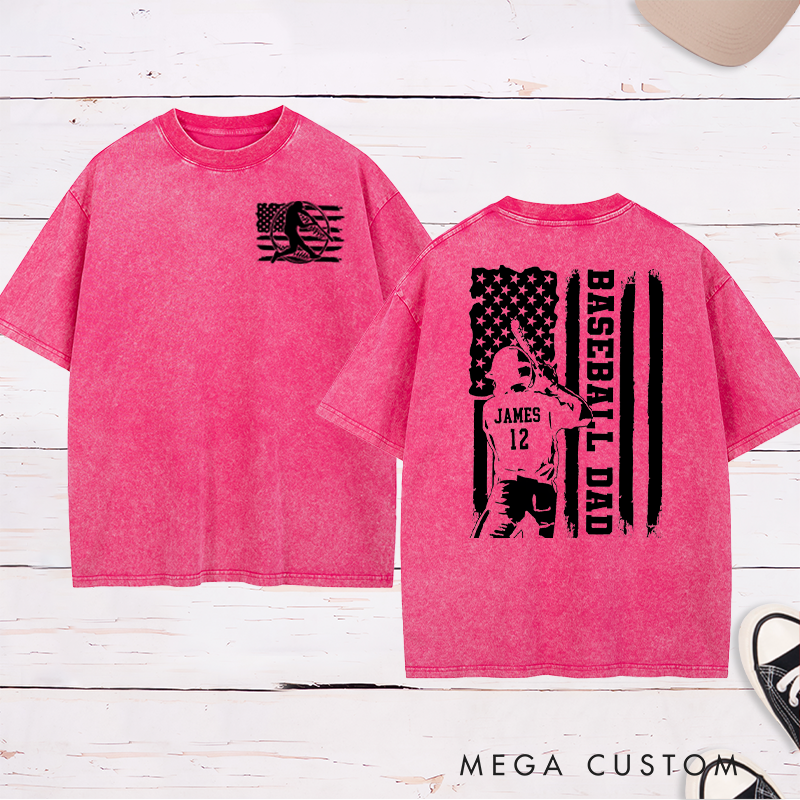 Personalized Baseball Dad Washed T-Shirt with Patriotic Flag and Custom Name and Number