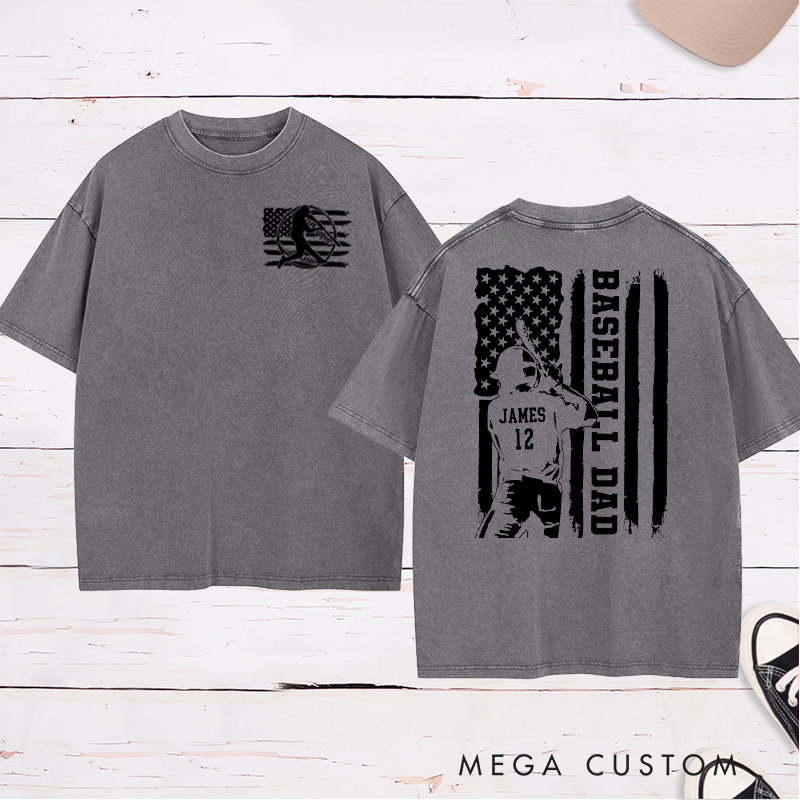 Personalized Baseball Dad Washed T-Shirt with Patriotic Flag and Custom Name and Number