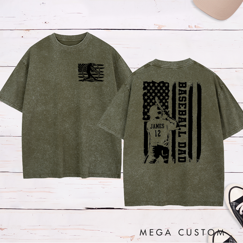 Personalized Baseball Dad Washed T-Shirt with Patriotic Flag and Custom Name and Number
