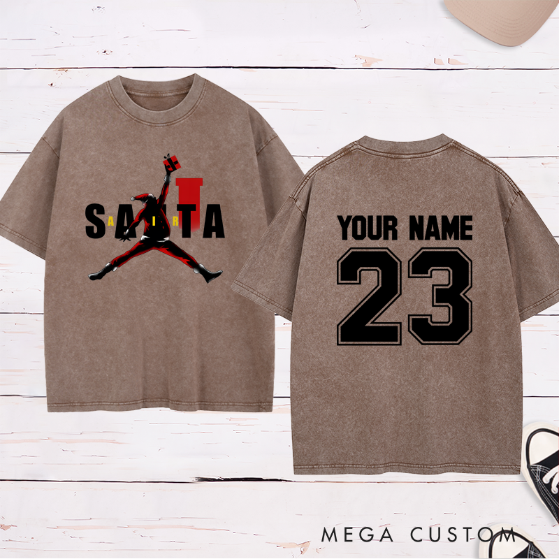 Personalized Santa Basketball Washed T-Shirt with Custom Name Number and Unique Festive Holiday Design