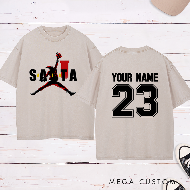 Personalized Santa Basketball Washed T-Shirt with Custom Name Number and Unique Festive Holiday Design