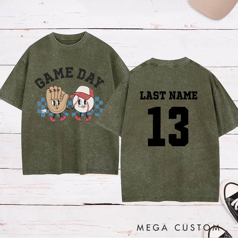 Personalized Cartoon Baseball Washed T-Shirt with Custom Name and Number   