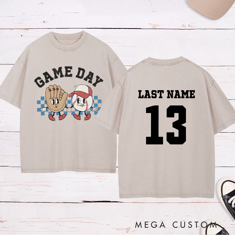 Personalized Cartoon Baseball Washed T-Shirt with Custom Name and Number   