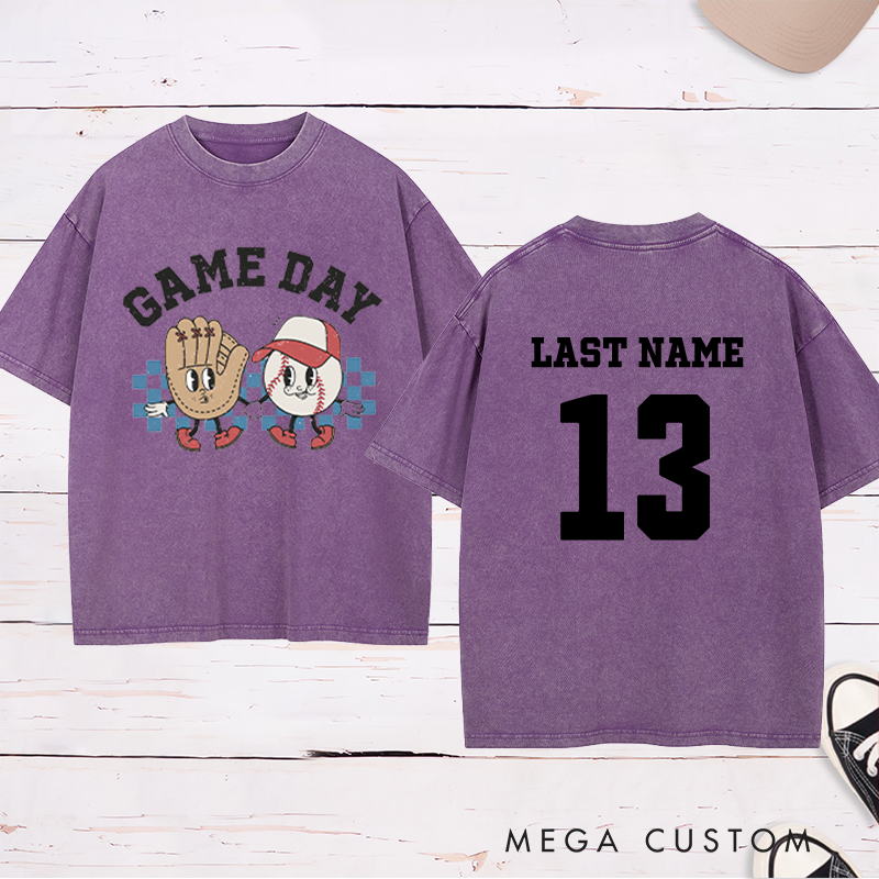 Personalized Cartoon Baseball Washed T-Shirt with Custom Name and Number   