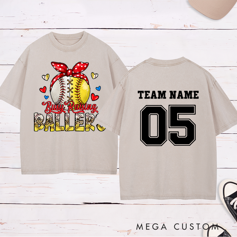 Personalized "Busy Raising Ballers" Washed T-Shirt with Custom Name and Number   