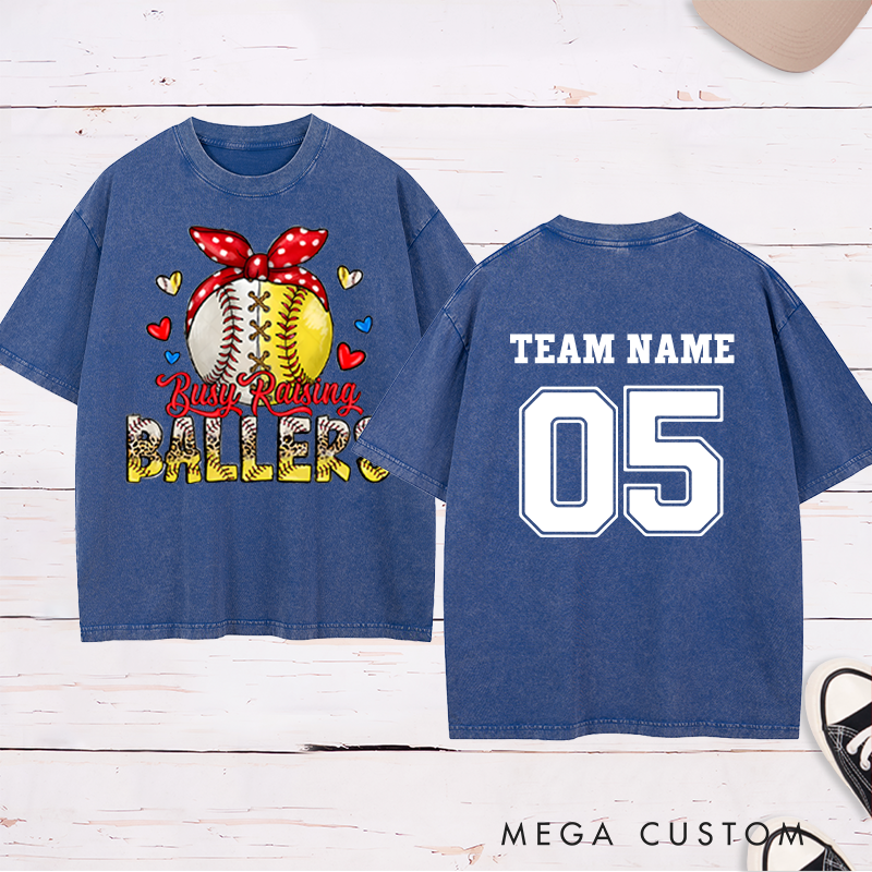 Personalized "Busy Raising Ballers" Washed T-Shirt with Custom Name and Number   