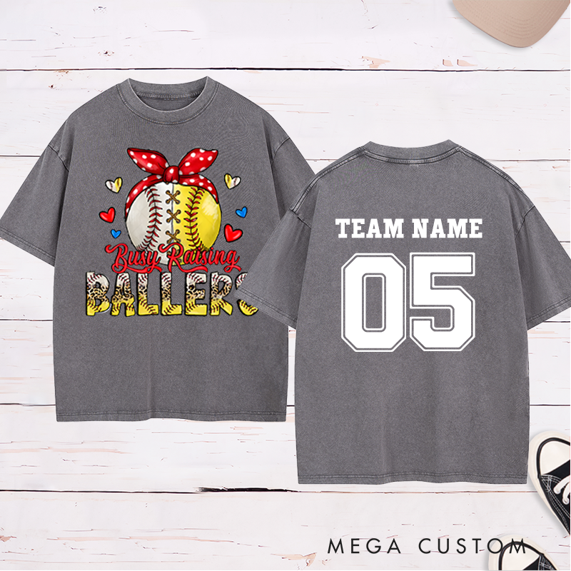 Personalized "Busy Raising Ballers" Washed T-Shirt with Custom Name and Number   