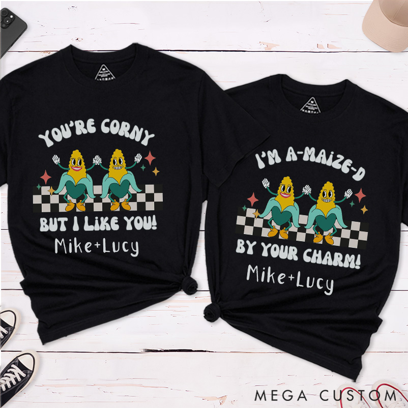 Personalized Funny I'am A-Maize-D by Your Charm and You're Corny But I Like You Couple Halloween Matching Shirt