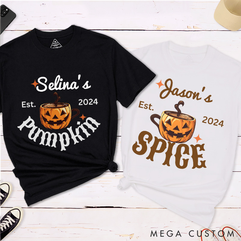 Personalized Spice and Pumpkin Coffee Mug Couple Halloween Matching T-Shirt Funny Matching Halloween Shirt Gift For Him and Her 