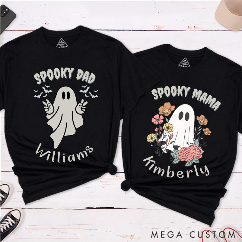 Personalized Halloween Spooky Mama and Spooky Dad Matching Couple T-Shirt