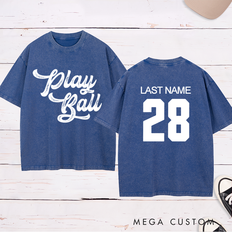 Personalized "Play Ball" Washed T-Shirt with Custom Name and Number