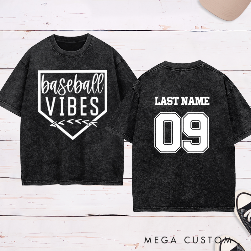 Personalized Home Plate Baseball Washed T-Shirt with Name and Number