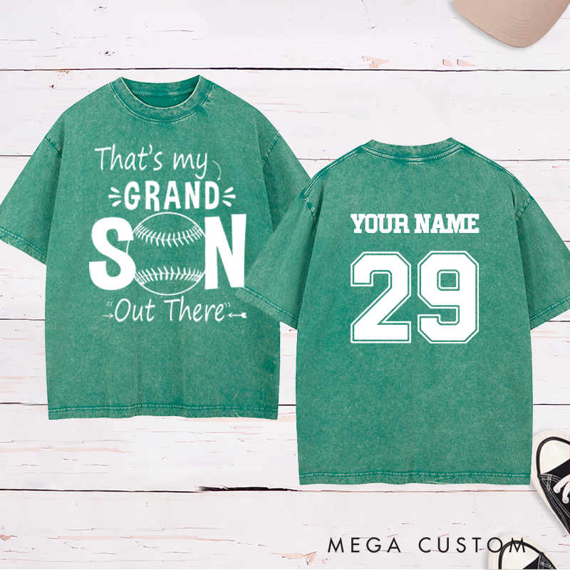 Personalized "That's My Grandson" Baseball Washed T-Shirt with Custom Name and Number