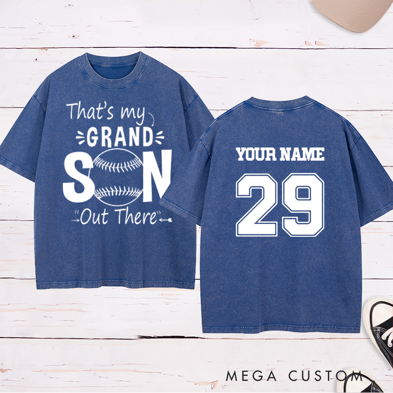Personalized "That's My Grandson" Baseball Washed T-Shirt with Custom Name and Number
