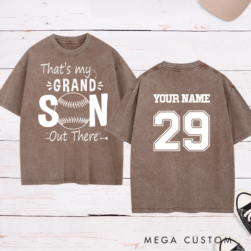 Personalized "That's My Grandson" Baseball Washed T-Shirt with Custom Name and Number