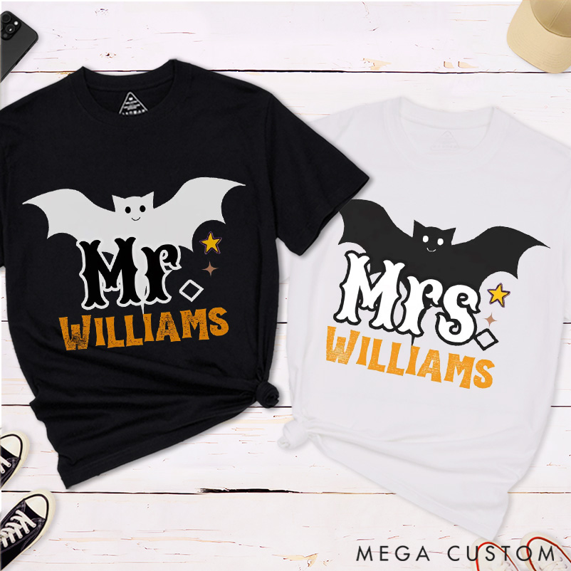 Personalized Bat Couple Halloween Matching T-Shirt Mr and Mrs Bat Halloween Shirt