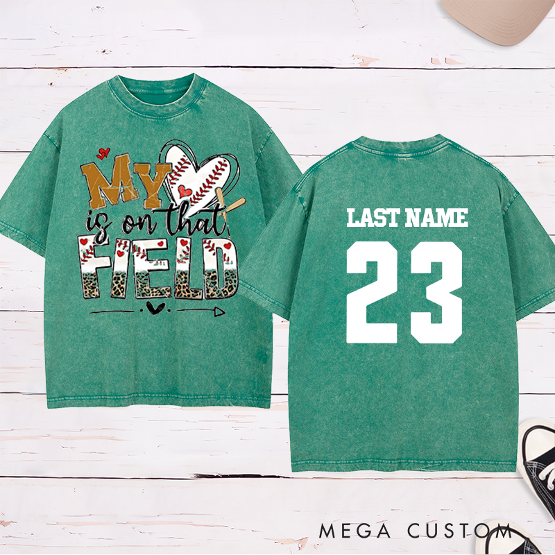 Personalized "My Heart is on That Field" Baseball Washed T-Shirt with Custom Name and Number