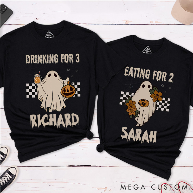 Personalized Eating for 2 and Drinking for 3 Pregnant Couple Humor Ghosts Halloween T-Shirt