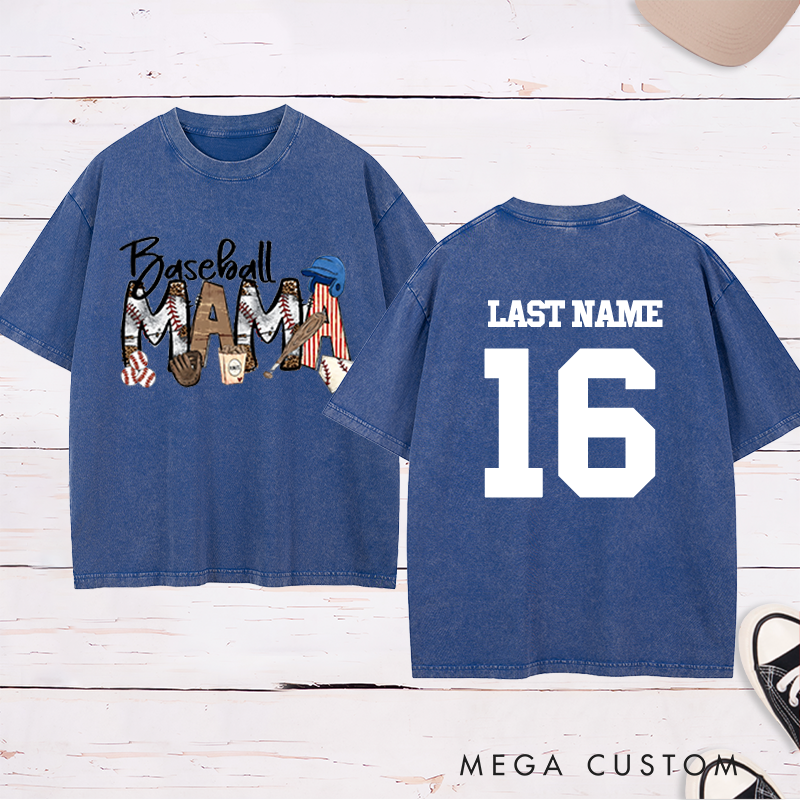 Personalized Leopard Print "Baseball Mama" Washed T-Shirt with Custom Name and Number