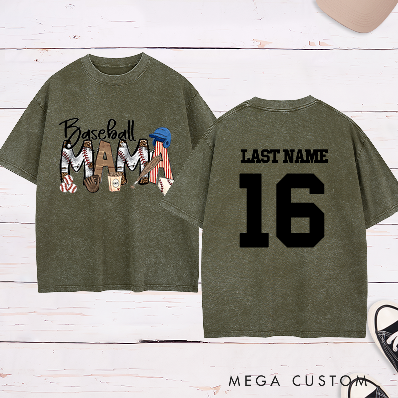 Personalized Leopard Print "Baseball Mama" Washed T-Shirt with Custom Name and Number