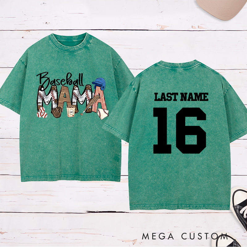Personalized Leopard Print "Baseball Mama" Washed T-Shirt with Custom Name and Number