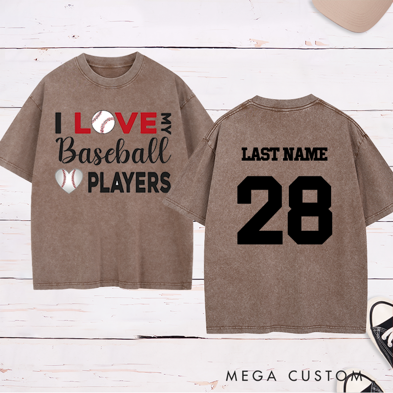 Personalized "I Love My Baseball Players" Washed T-Shirt with Custom Name and Number   
