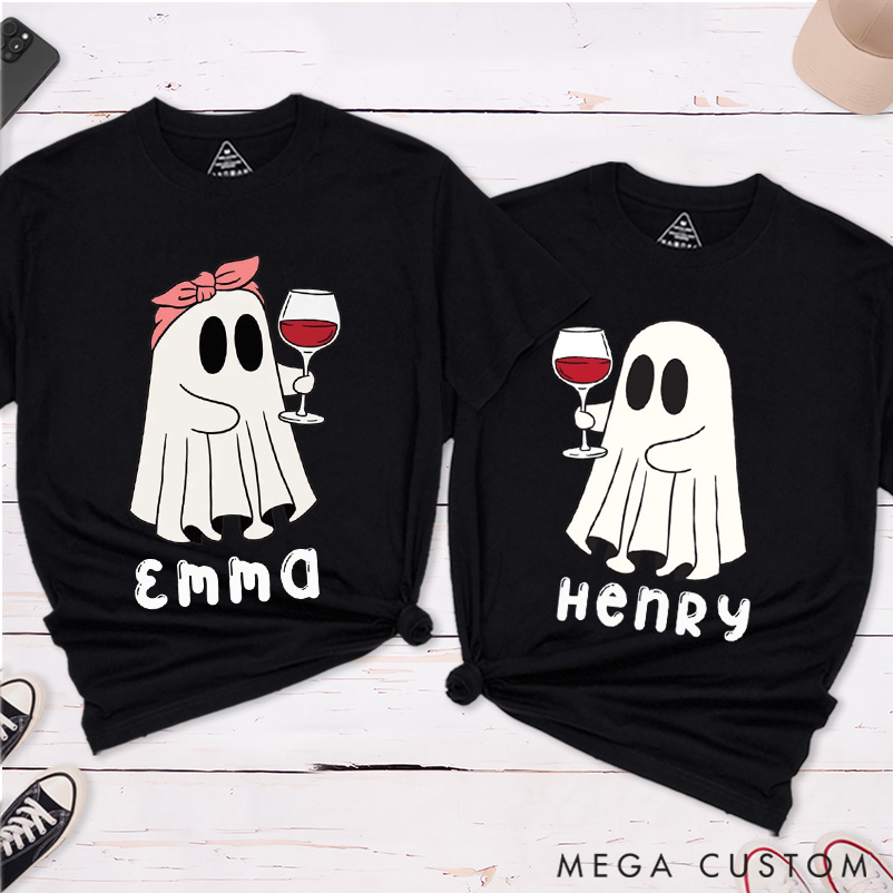 Personalized Ghost with Wine Halloween Shirt Mr and Mrs Ghost Funny Couple Matching Shirt
