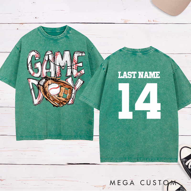 Personalized "Game Day" Baseball Washed T-Shirt with Custom Name and Number 