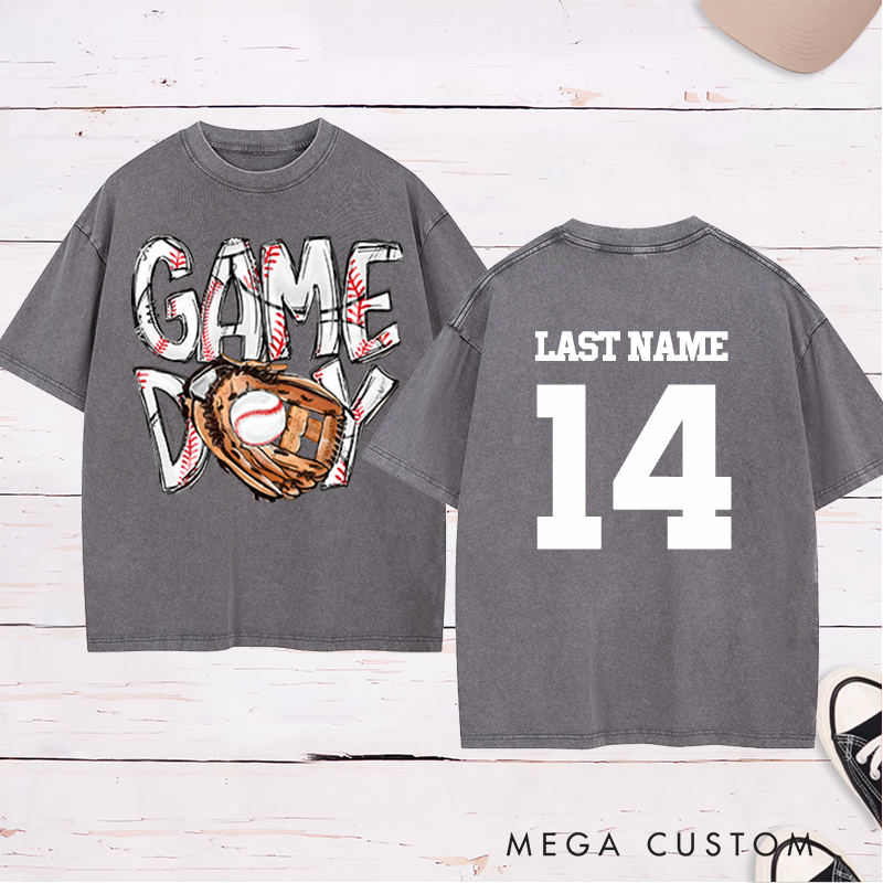 Personalized "Game Day" Baseball Washed T-Shirt with Custom Name and Number 