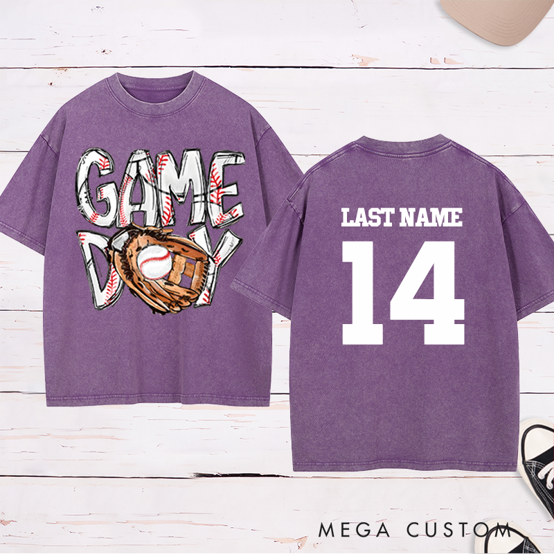 Personalized "Game Day" Baseball Washed T-Shirt with Custom Name and Number 