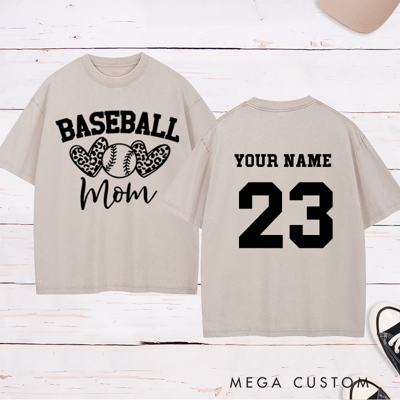 Personalized "Baseball Mom" Leopard Heart Washed T-Shirt with Custom Name and Number