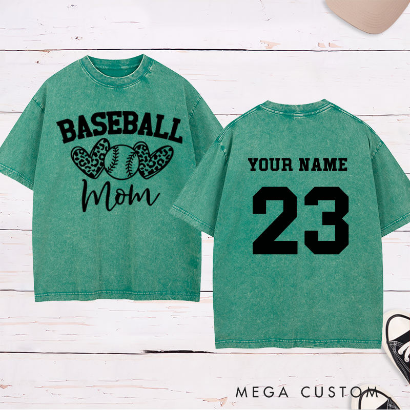 Personalized "Baseball Mom" Leopard Heart Washed T-Shirt with Custom Name and Number