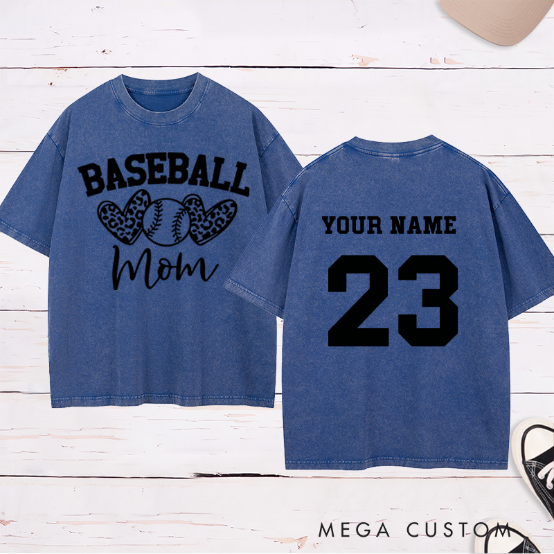 Personalized "Baseball Mom" Leopard Heart Washed T-Shirt with Custom Name and Number